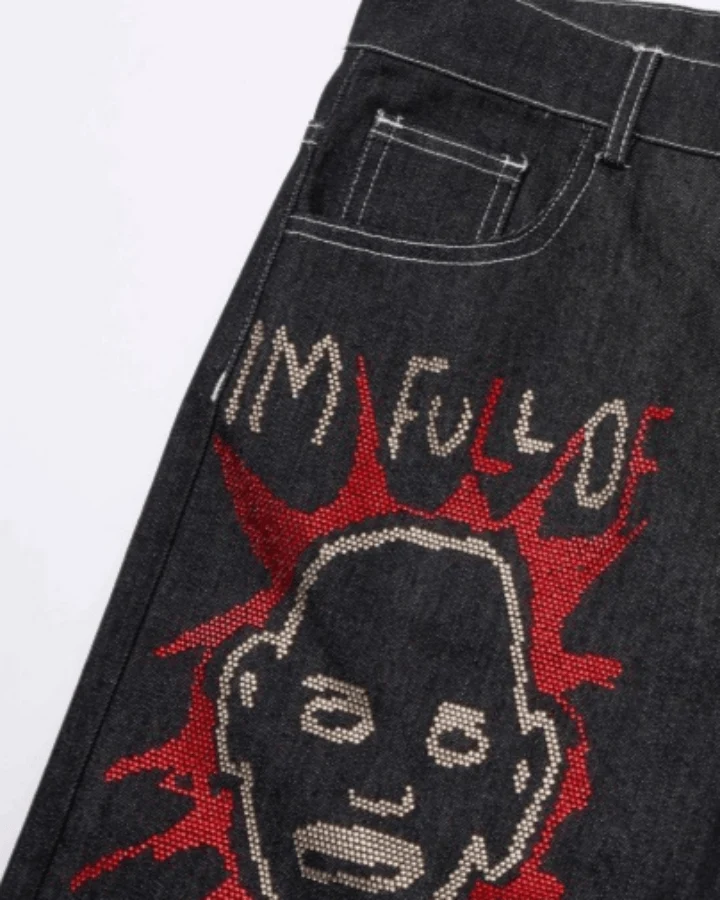 High Street Dark Style Graffiti Embroidered Jeans