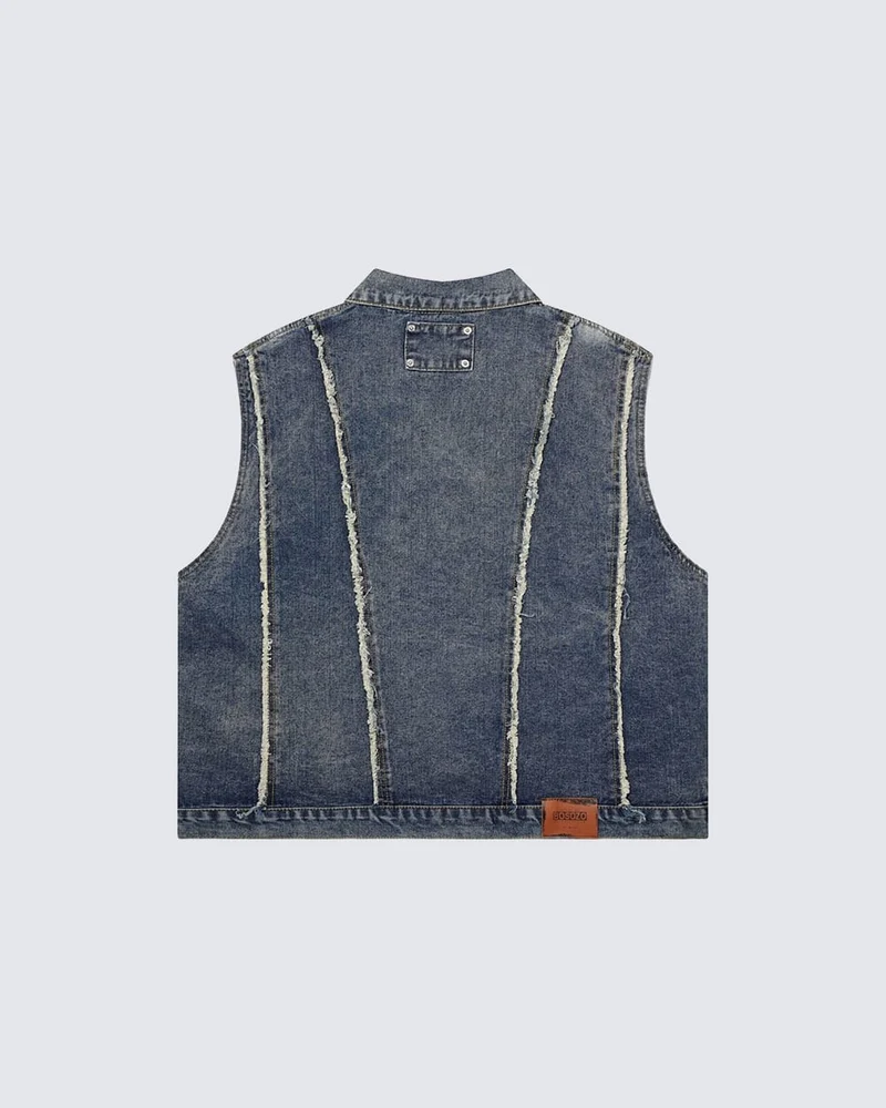 Dark Washed Button Pocket Sleeveless New Denim Vest