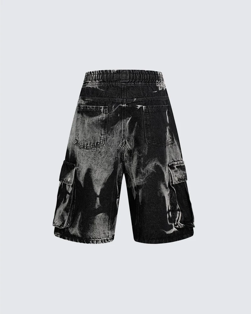 KIIKIO Utility Dark-Wash Drawstring Cargo Wide Denim Shorts