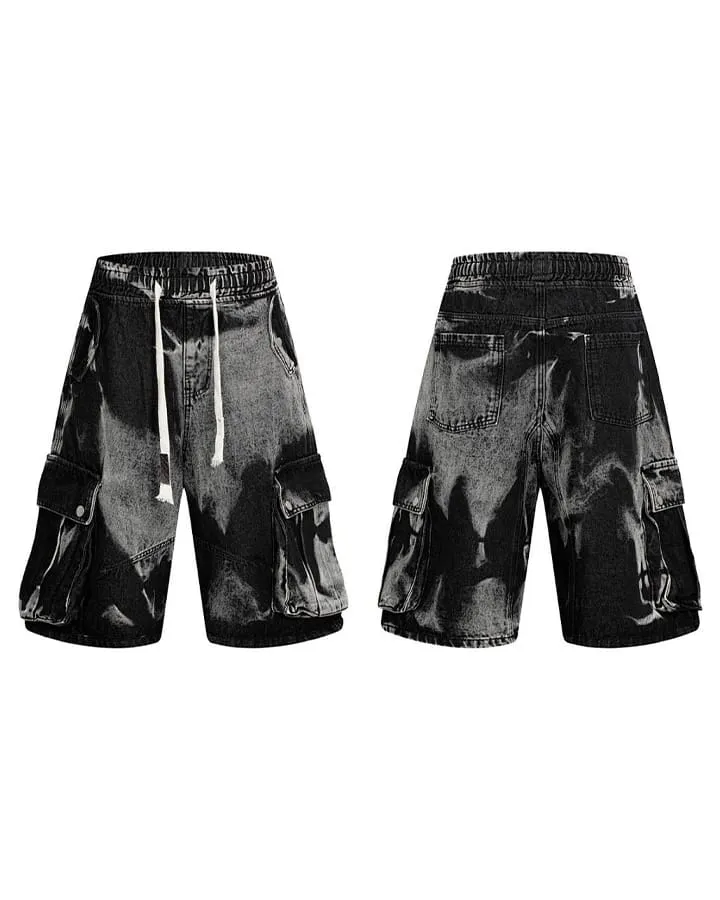 KIIKIO Utility Dark-Wash Drawstring Cargo Wide Denim Shorts