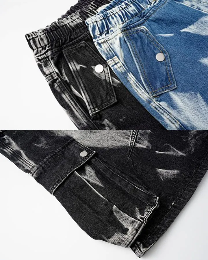 KIIKIO Utility Dark-Wash Drawstring Cargo Wide Denim Shorts