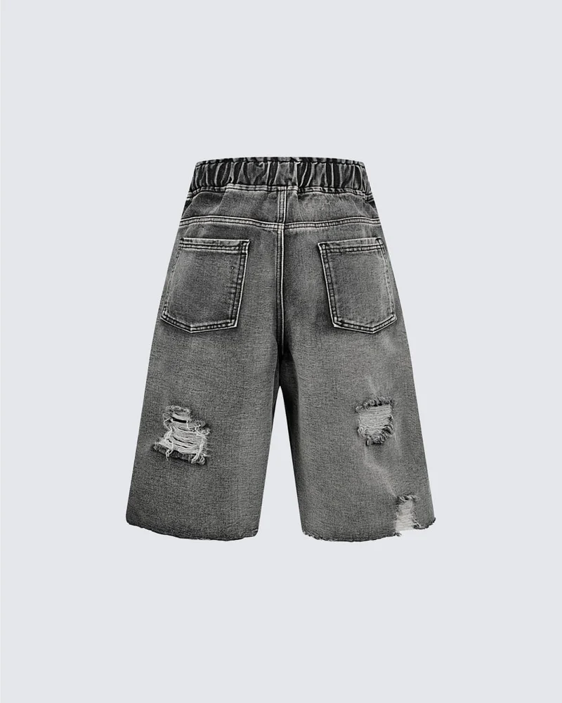 Grunge Drawstring Pocket Distressed Wide Denim Shorts