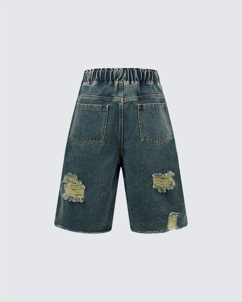 Grunge Drawstring Pocket Distressed Wide Denim Shorts