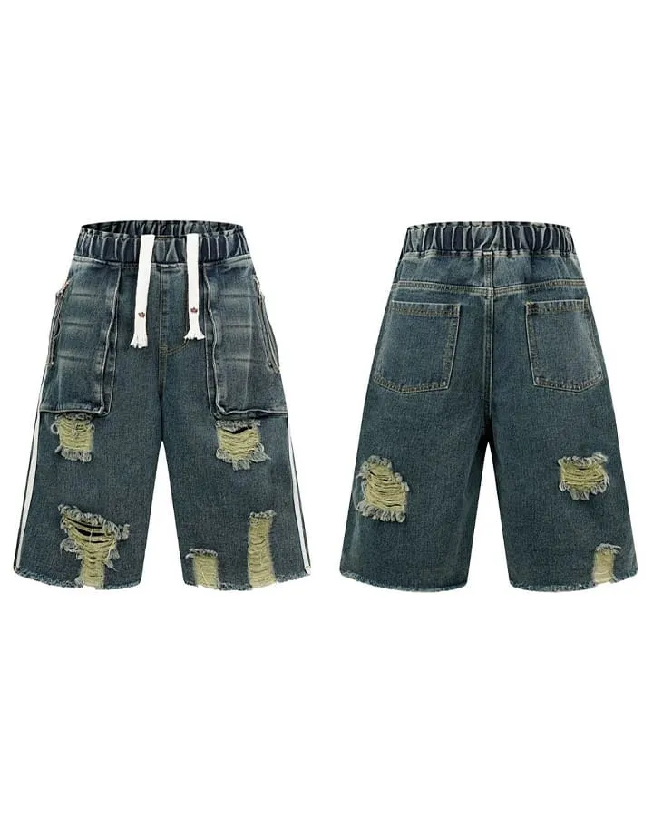 Grunge Drawstring Pocket Distressed Wide Denim Shorts