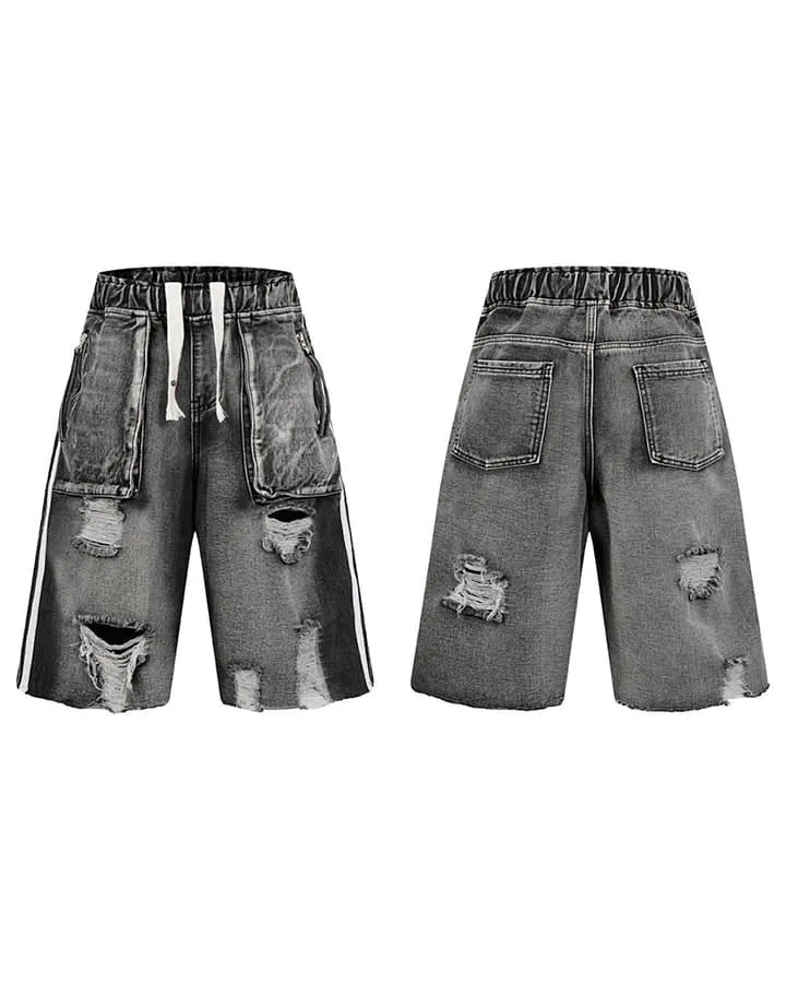 Grunge Drawstring Pocket Distressed Wide Denim Shorts
