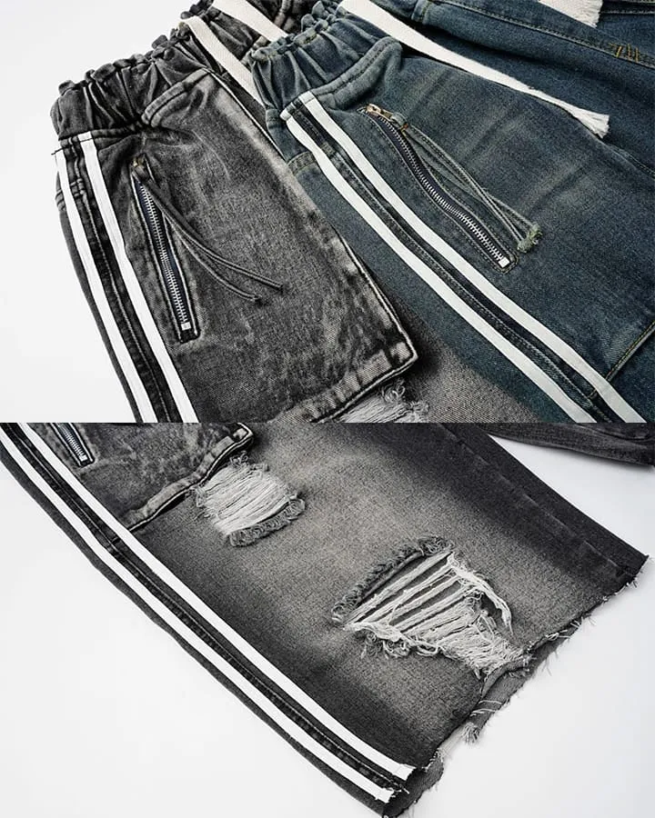 Grunge Drawstring Pocket Distressed Wide Denim Shorts