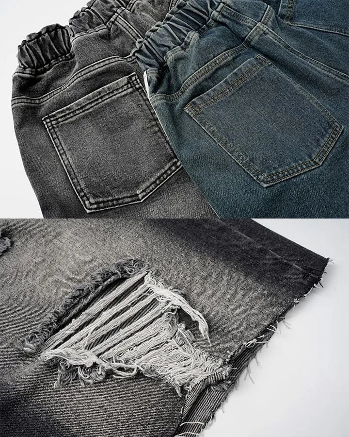 Grunge Drawstring Pocket Distressed Wide Denim Shorts