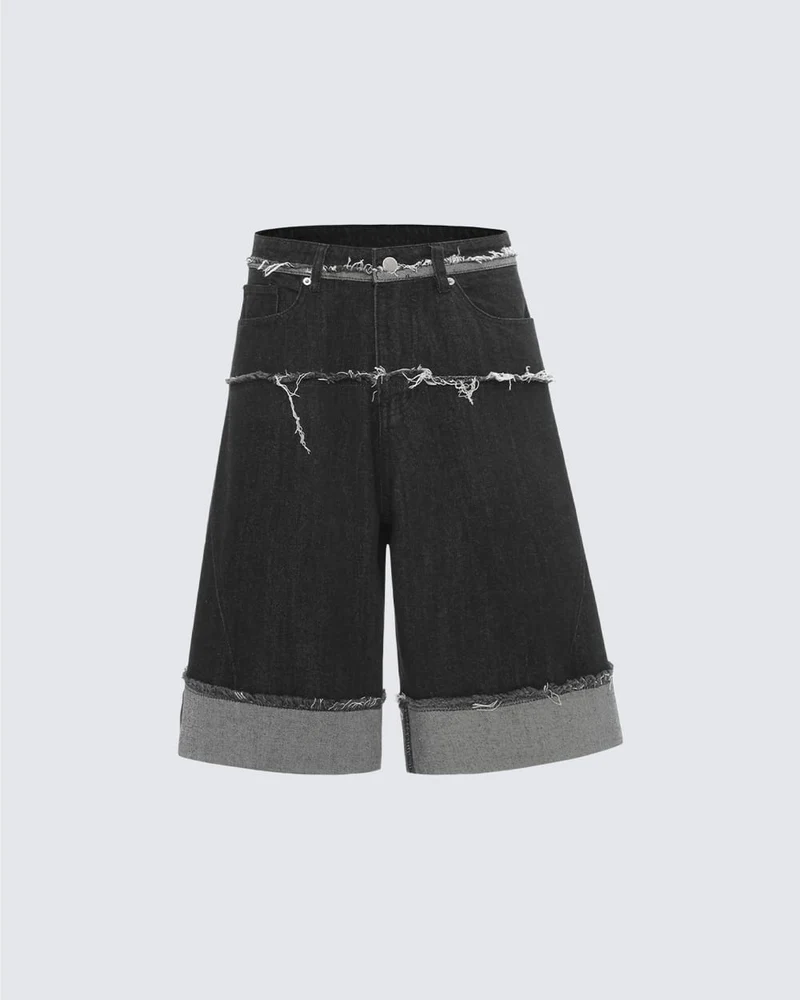 New Dark Raw Edge Cuffed Wide Denim Shorts