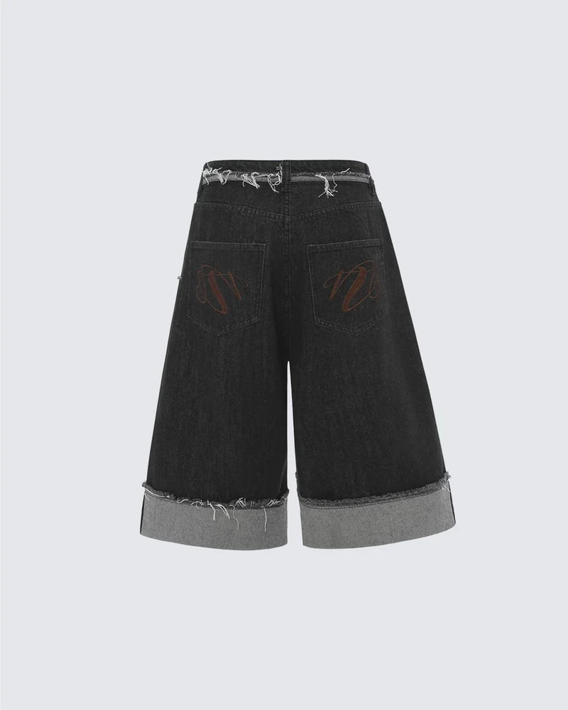 New Dark Raw Edge Cuffed Wide Denim Shorts