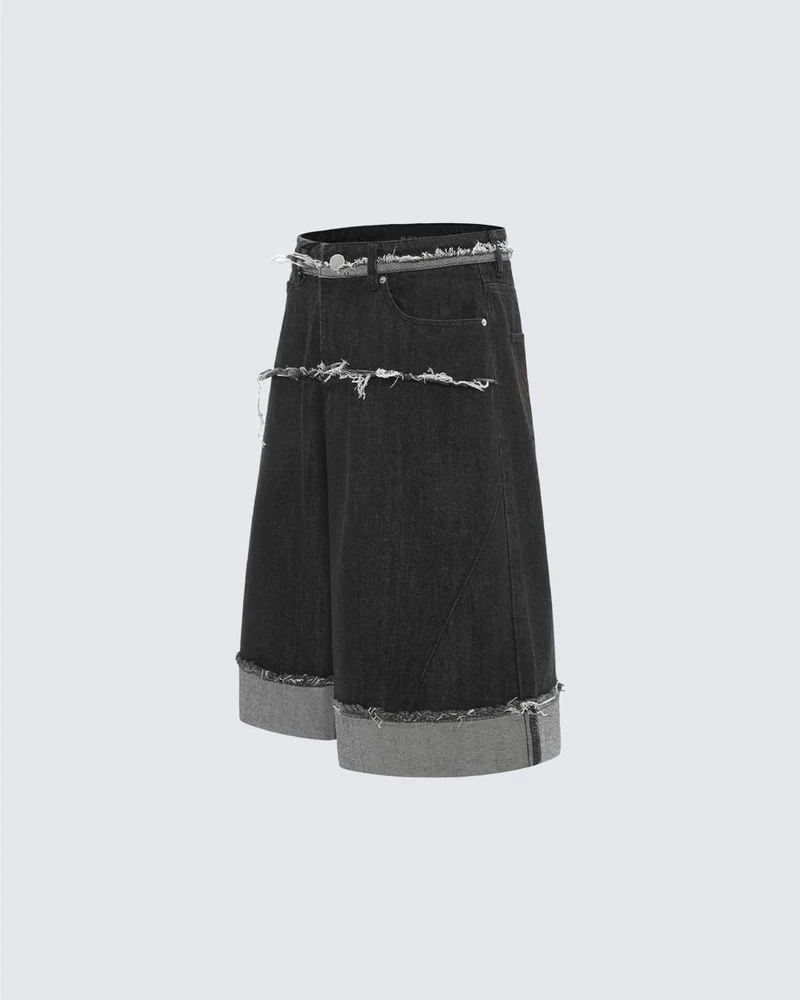 New Dark Raw Edge Cuffed Wide Denim Shorts