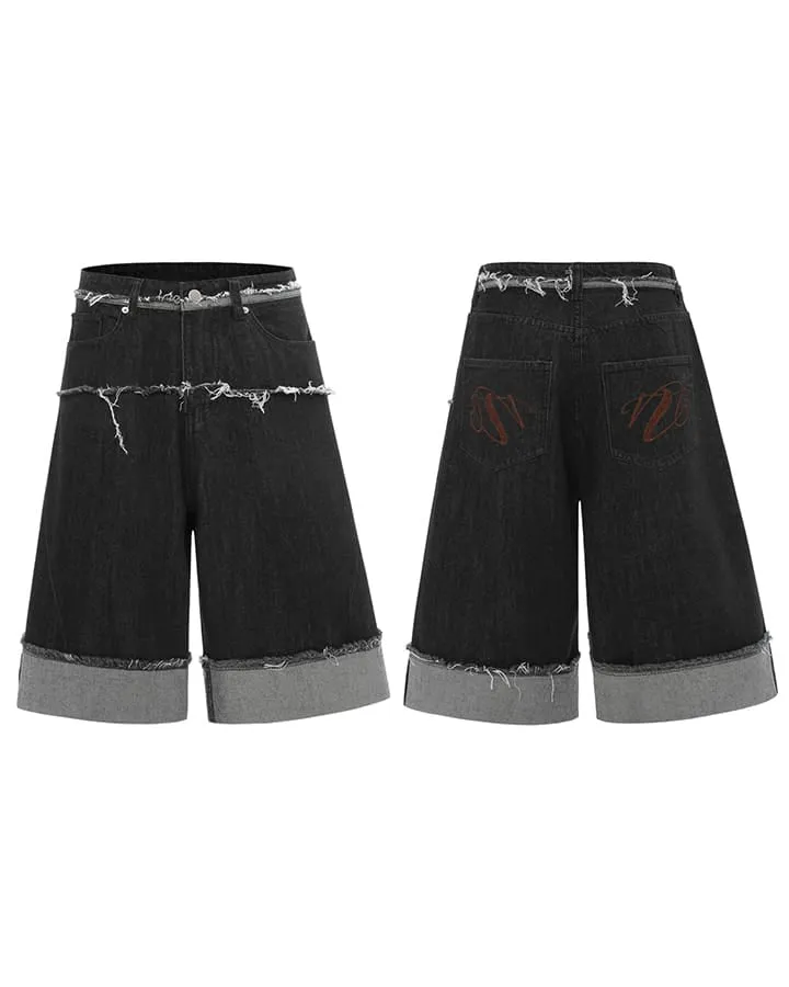 New Dark Raw Edge Cuffed Wide Denim Shorts