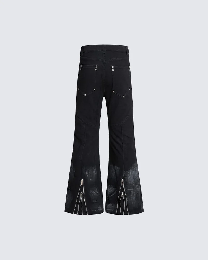 New Dark Gothic Punk Eyelet Zipper Flare Jeans