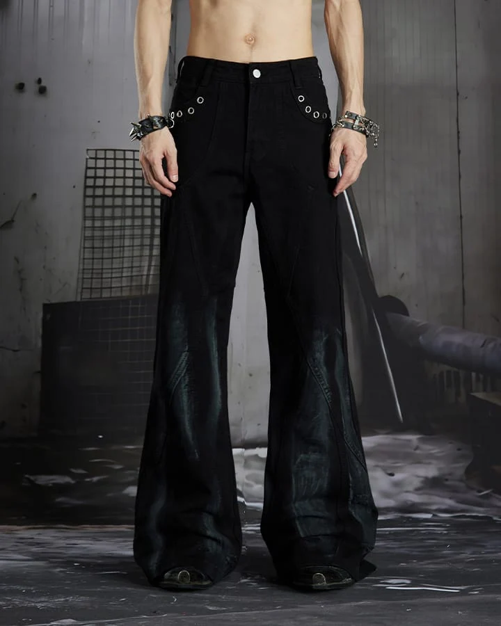 New Dark Gothic Punk Eyelet Zipper Flare Jeans