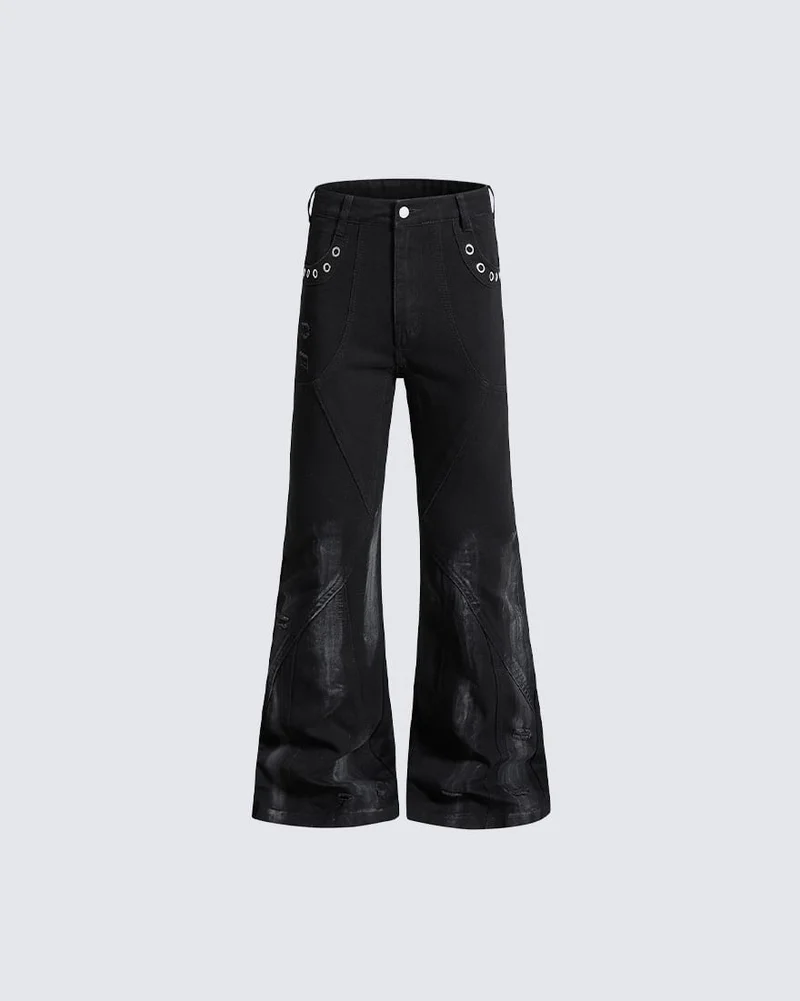 New Dark Gothic Punk Eyelet Zipper Flare Jeans