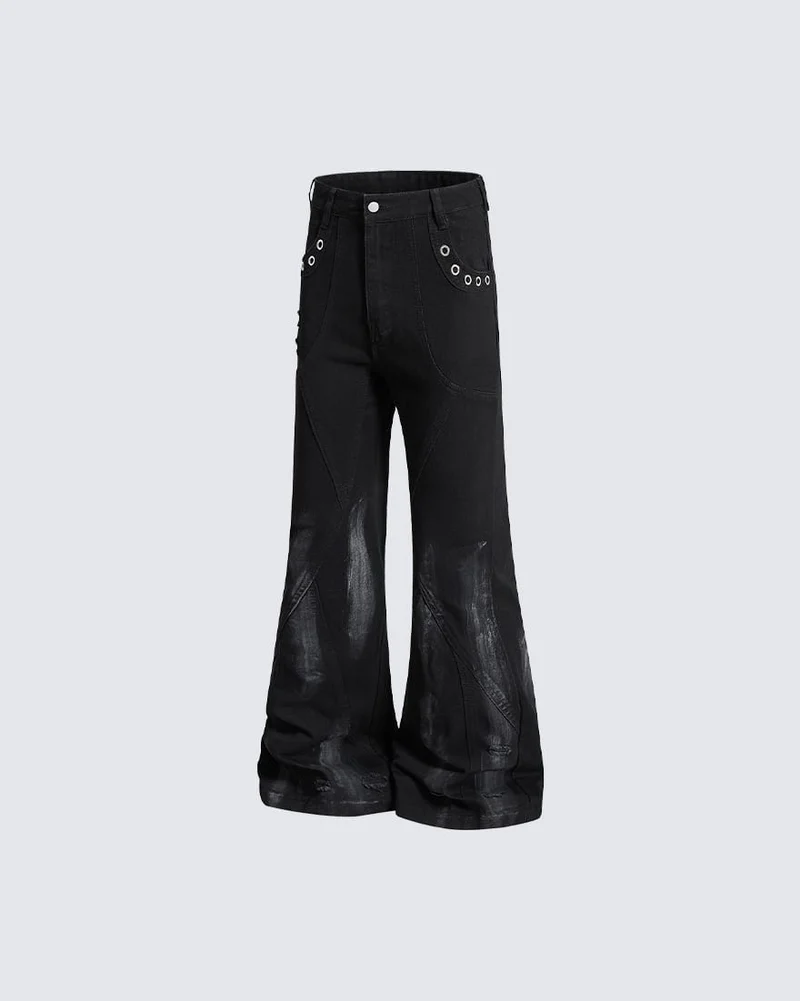 New Dark Gothic Punk Eyelet Zipper Flare Jeans