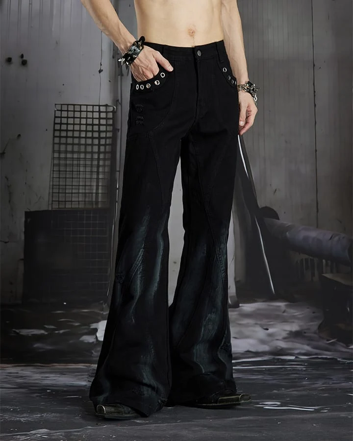 New Dark Gothic Punk Eyelet Zipper Flare Jeans