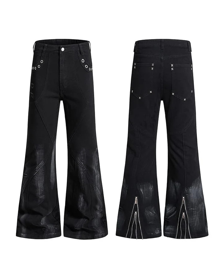New Dark Gothic Punk Eyelet Zipper Flare Jeans
