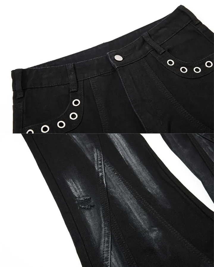 New Dark Gothic Punk Eyelet Zipper Flare Jeans