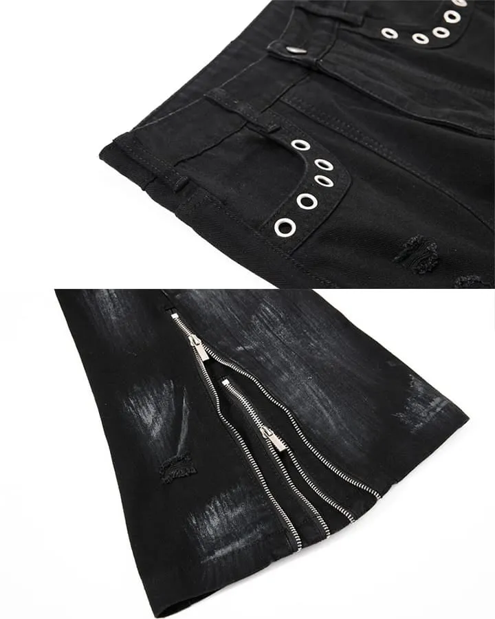 New Dark Gothic Punk Eyelet Zipper Flare Jeans