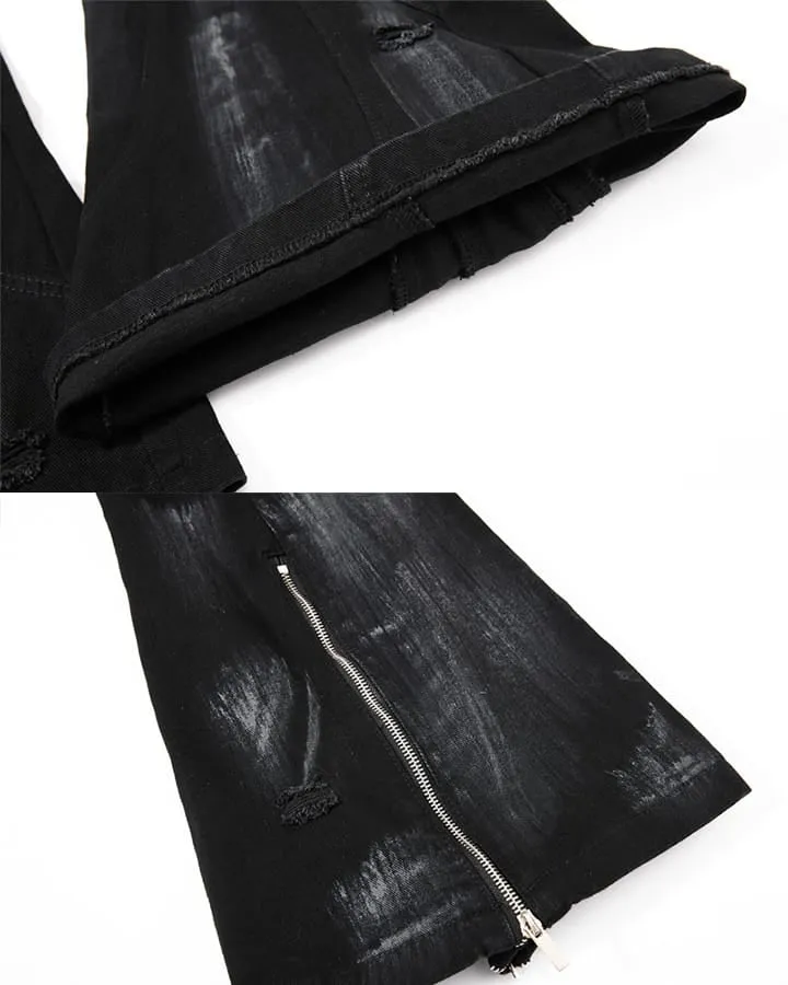 New Dark Gothic Punk Eyelet Zipper Flare Jeans