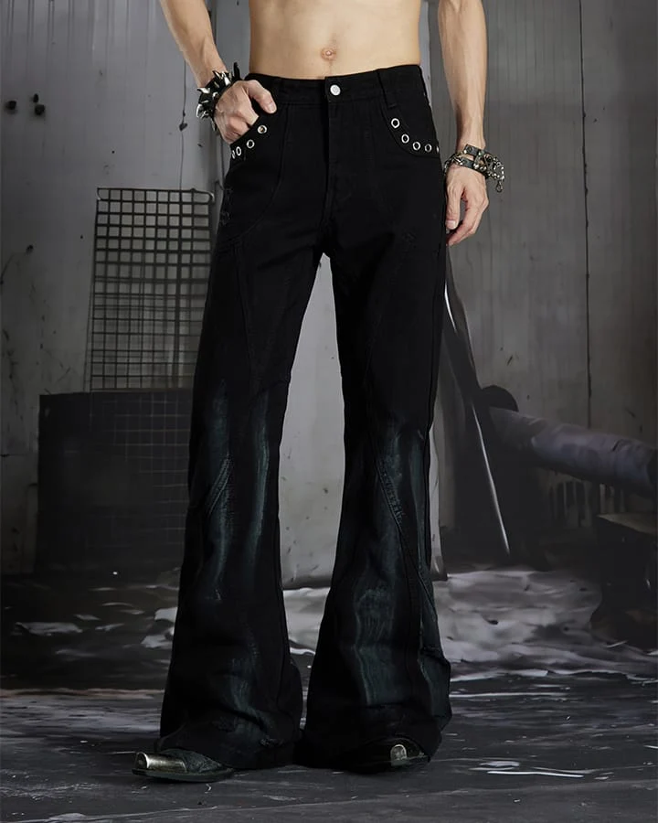 New Dark Gothic Punk Eyelet Zipper Flare Jeans