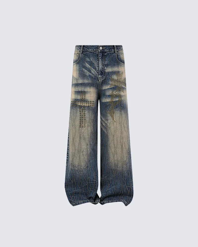 New Vintage Y2K Washed Cross Star Rhinestone Jeans