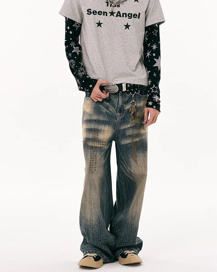 New Vintage Y2K Washed Cross Star Rhinestone Jeans