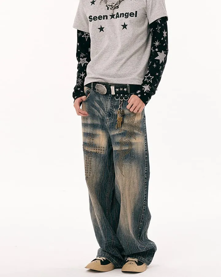 New Vintage Y2K Washed Cross Star Rhinestone Jeans