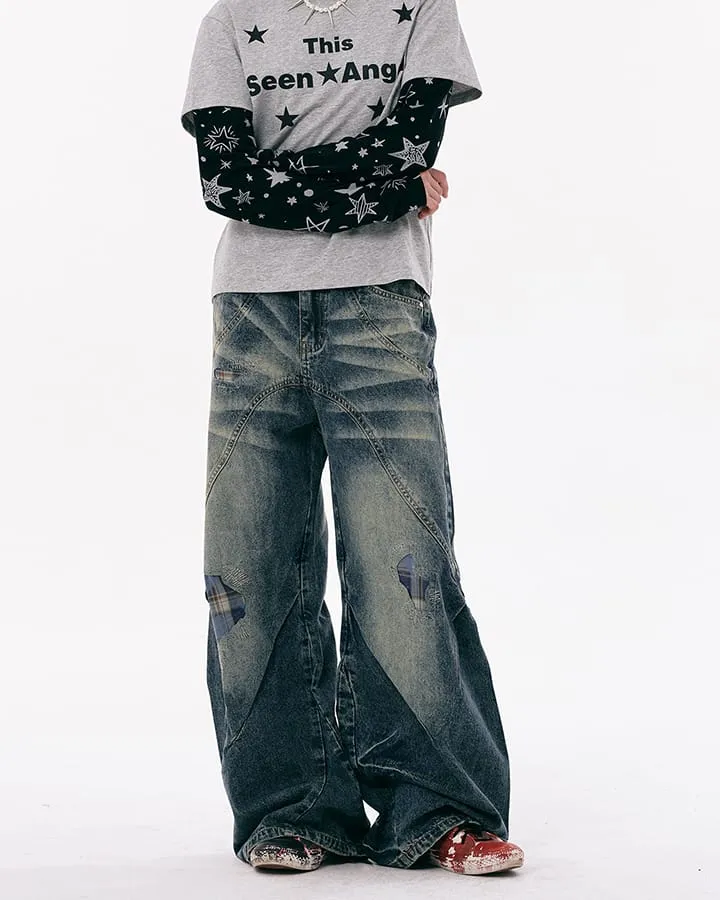 New Vintage Grunge Washed Patchwork Wide Barrel Jeans