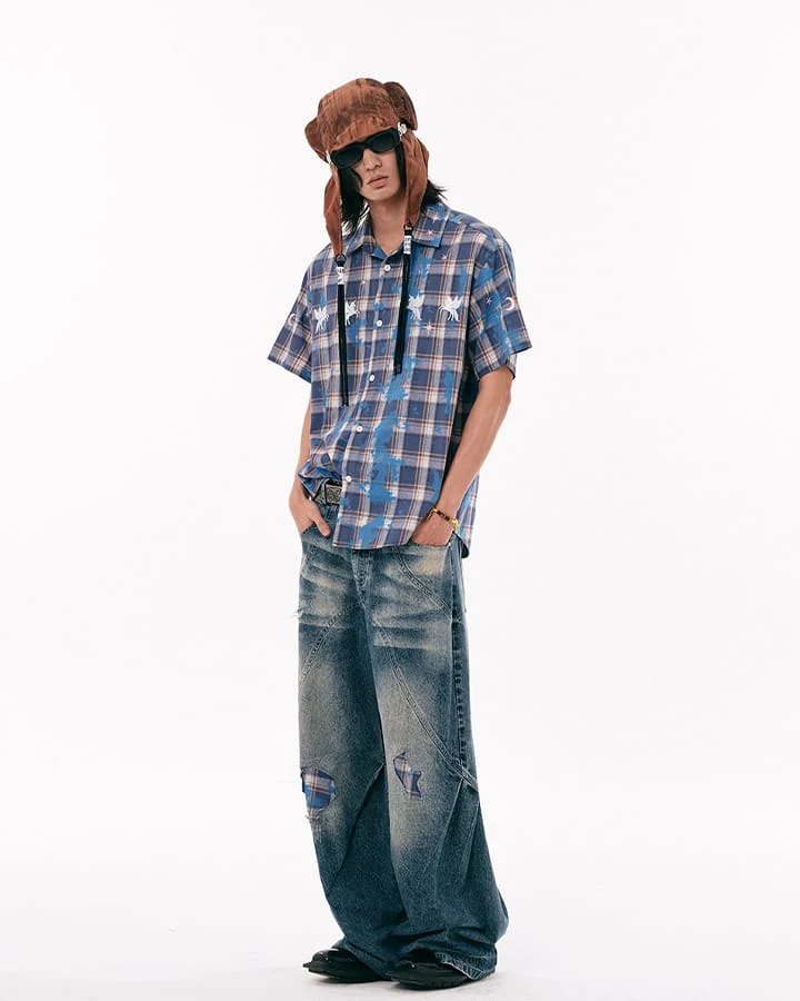 New Vintage Grunge Washed Patchwork Wide Barrel Jeans