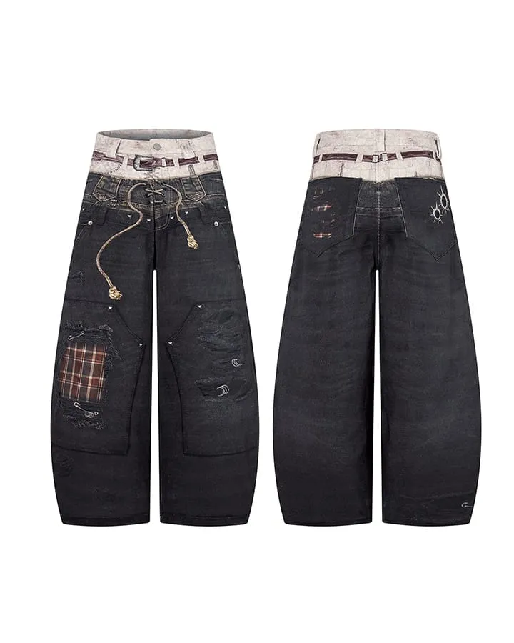 Vintage 3D Print Design Straight Leg Pants New