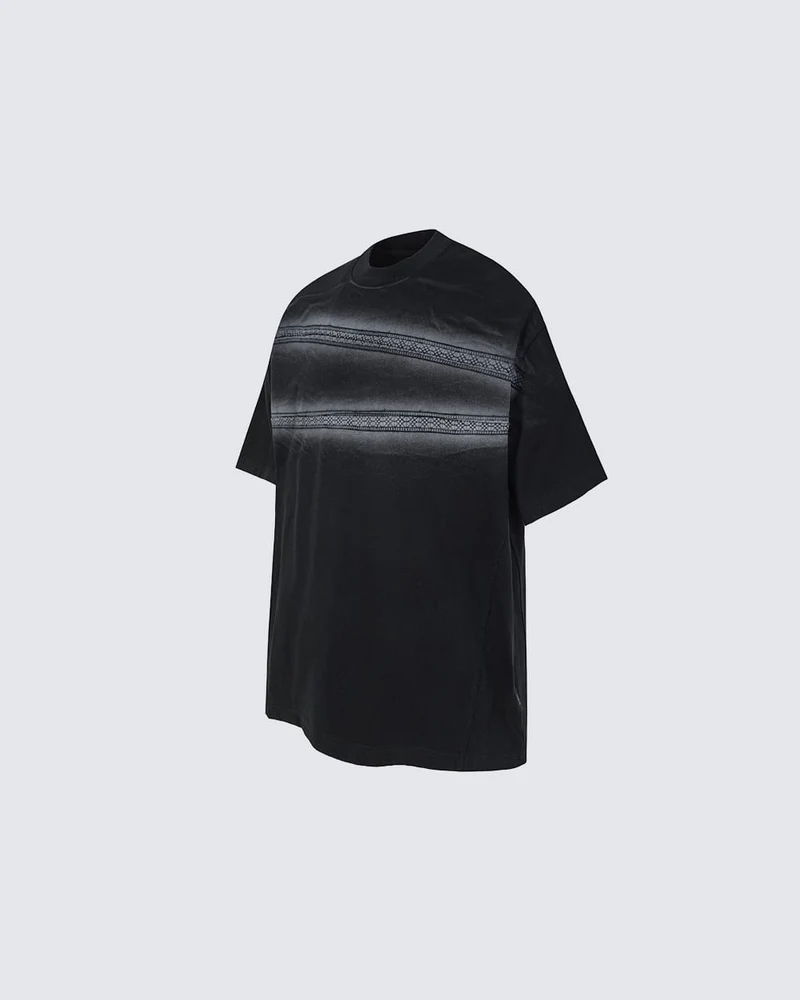 New Dark Gothic Lace Stripe Washed Boxy Tee