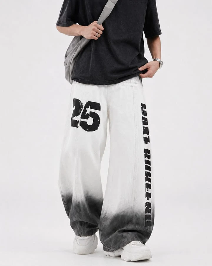 Gradient Number Graphic Wide Leg Denim Pants