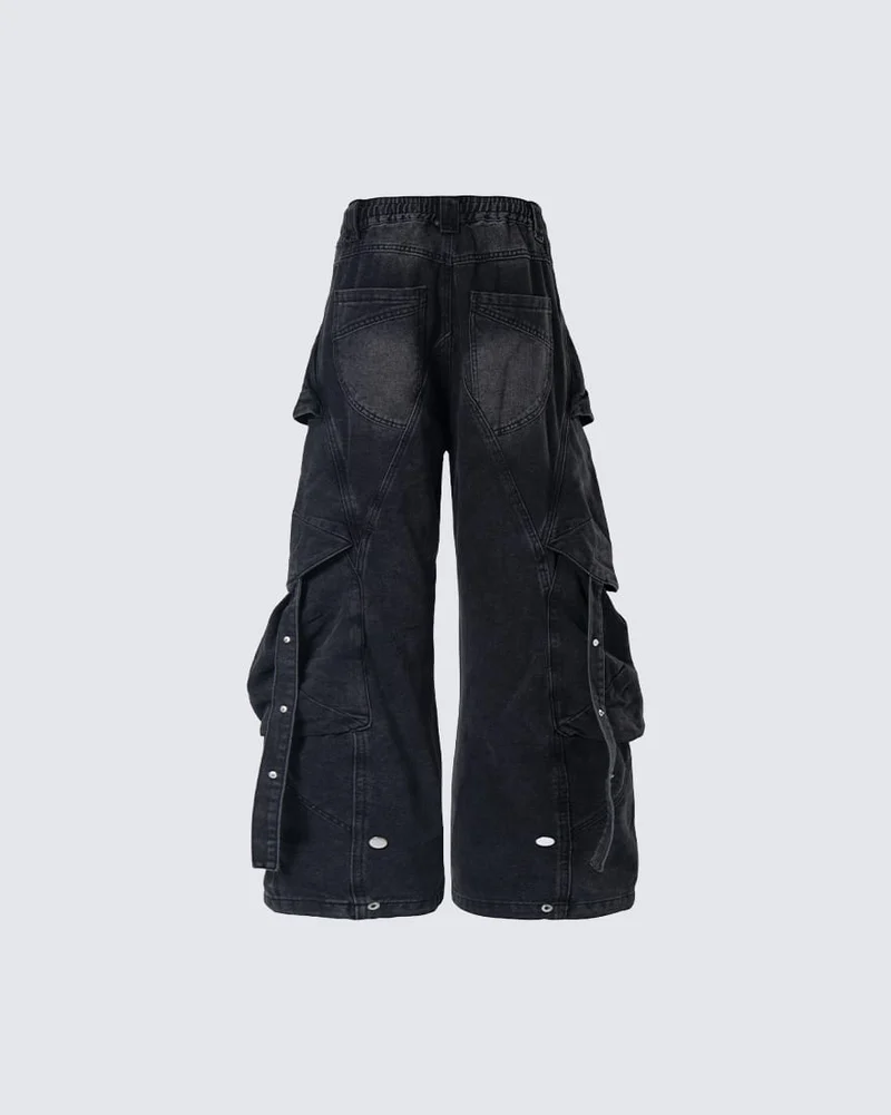 New Dark Washed Utility Strap Wide Leg Jeans