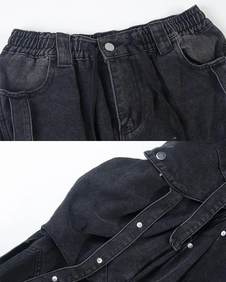 New Dark Washed Utility Strap Wide Leg Jeans