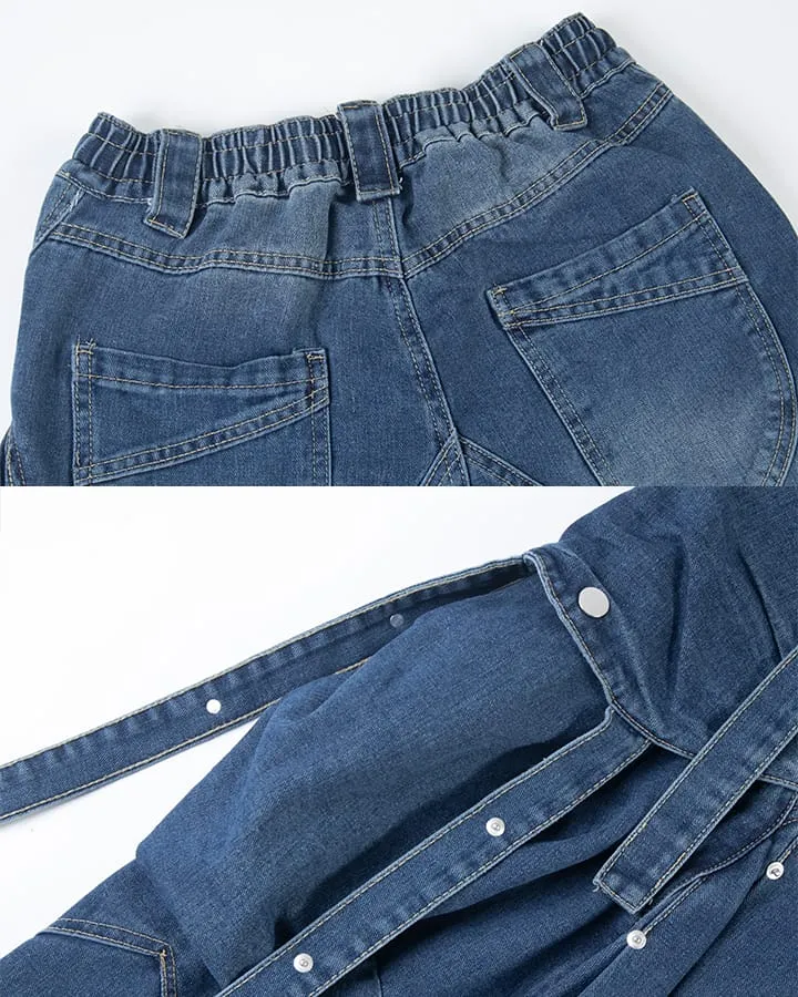 New Dark Washed Utility Strap Wide Leg Jeans