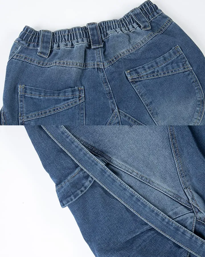 New Dark Washed Utility Strap Wide Leg Jeans