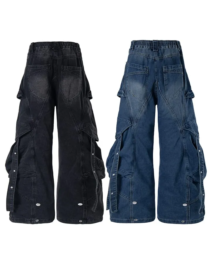 New Dark Washed Utility Strap Wide Leg Jeans