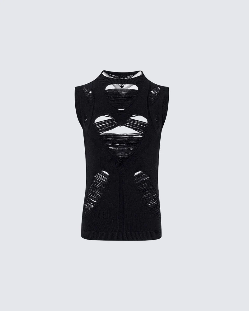 New Dark Distressed Cutout Sleeveless Knit Top