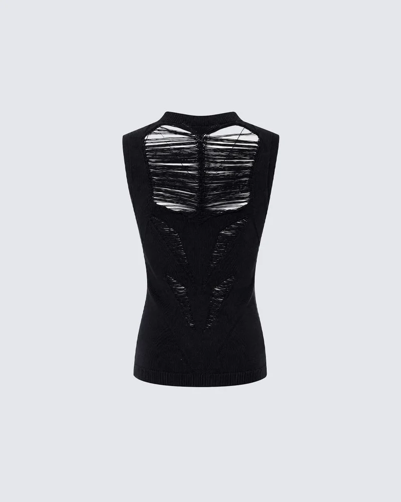 New Dark Distressed Cutout Sleeveless Knit Top