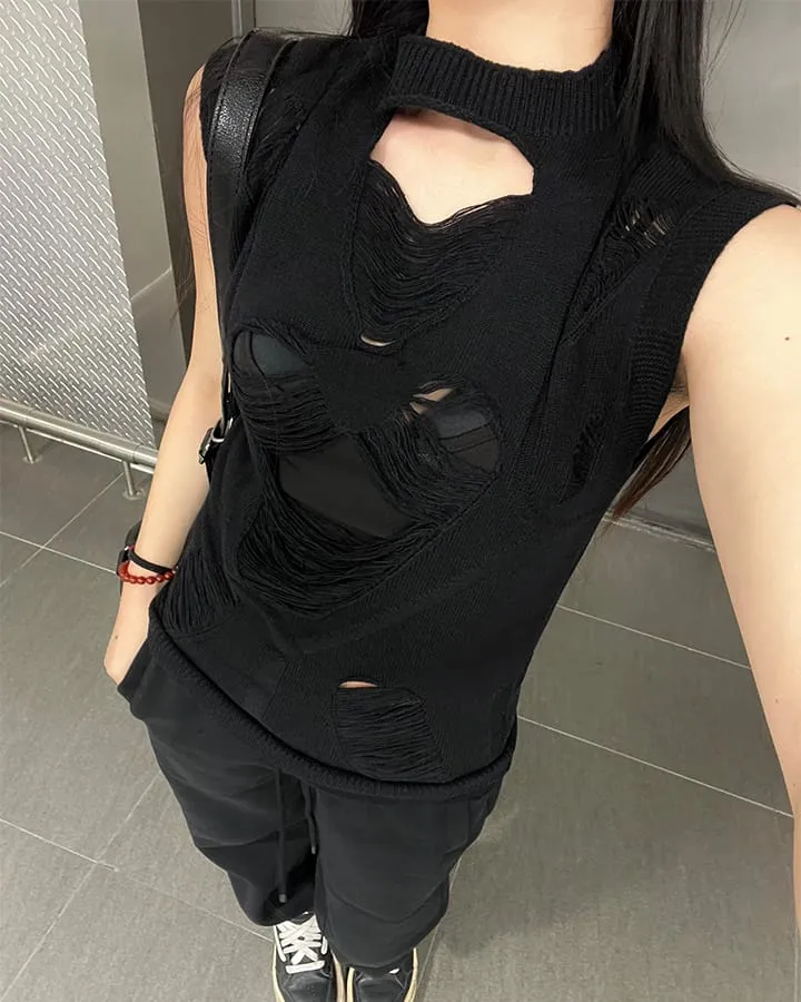 New Dark Distressed Cutout Sleeveless Knit Top
