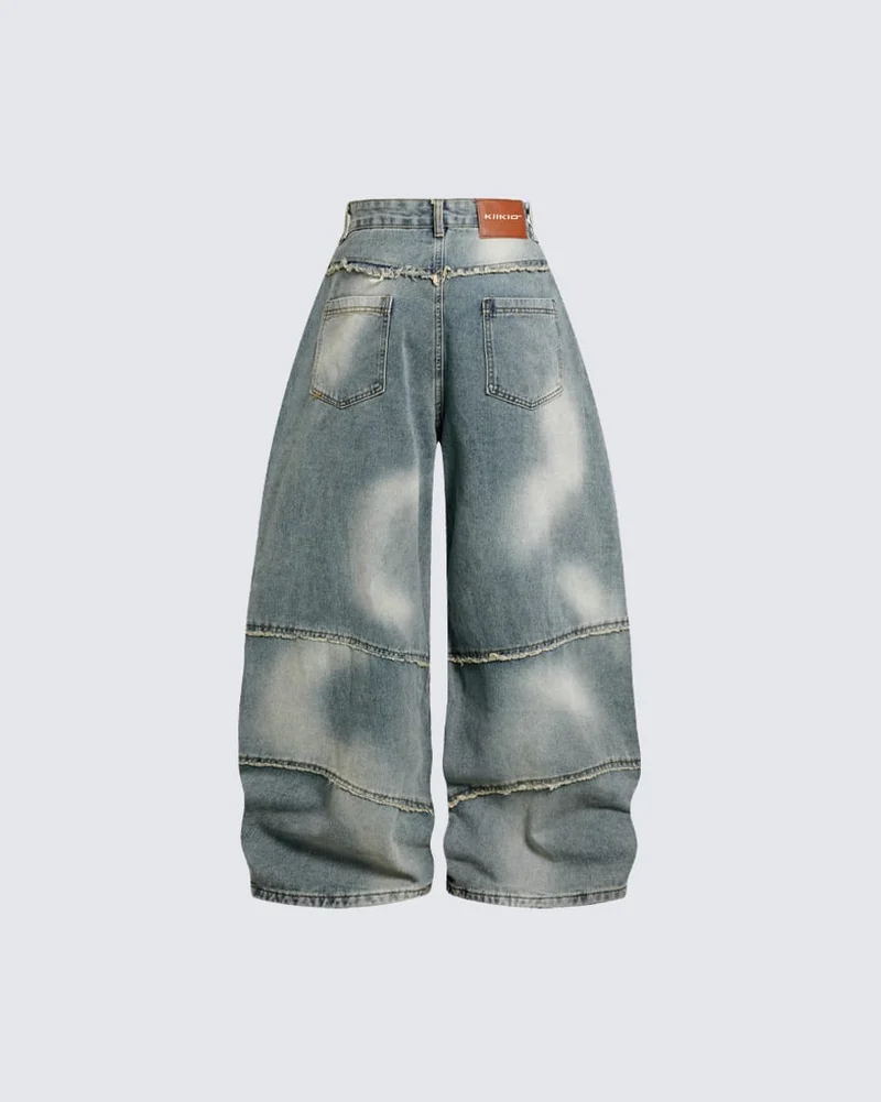 Distressed Wide-Leg Patchwork Jeans