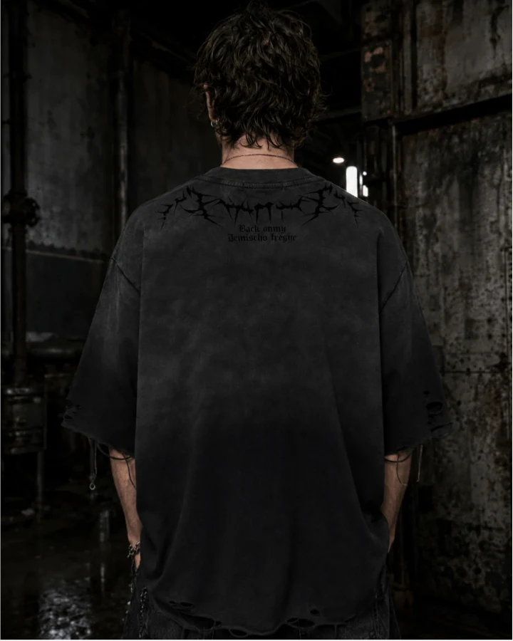 American-Style Distressed Washed Thorn Print Short-Sleeved T-Shirt