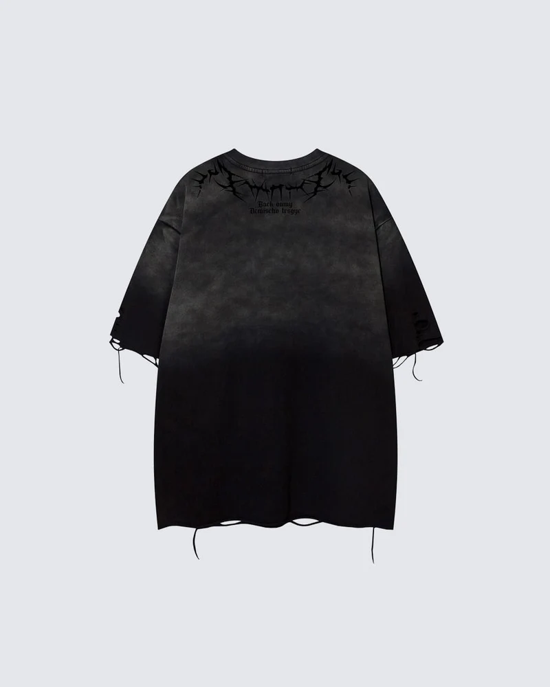 American-Style Distressed Washed Thorn Print Short-Sleeved T-Shirt
