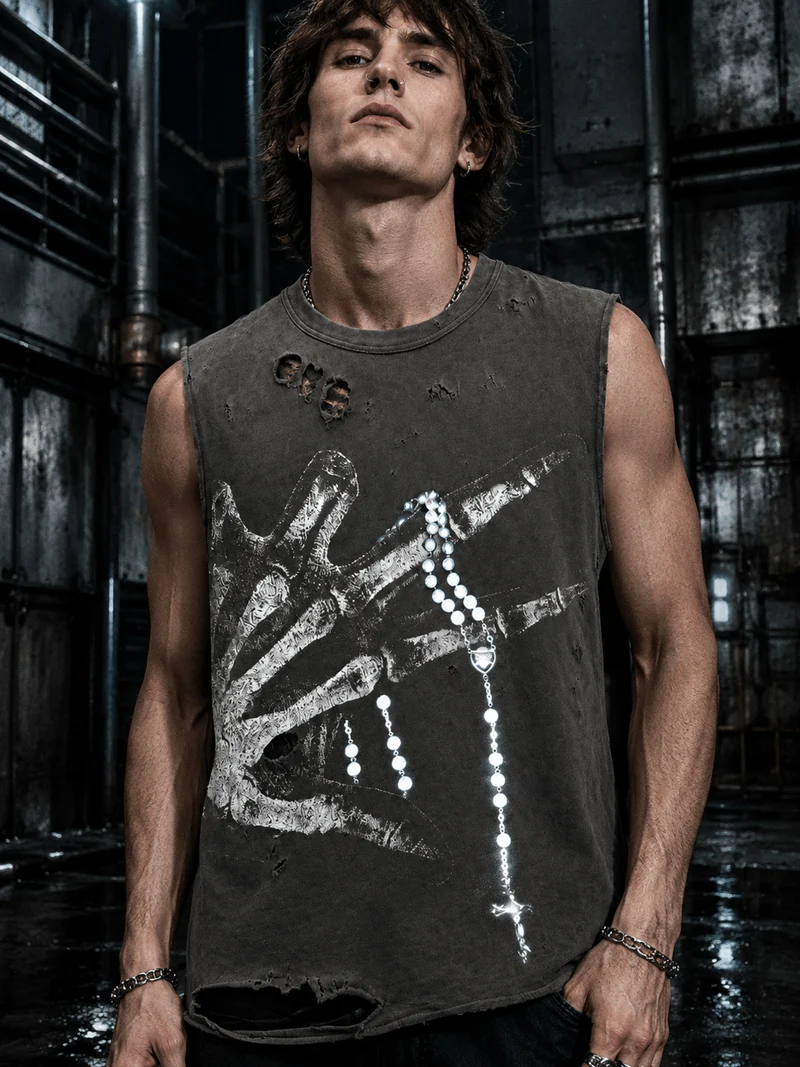Distressed Skeletal Graphic Tank Top