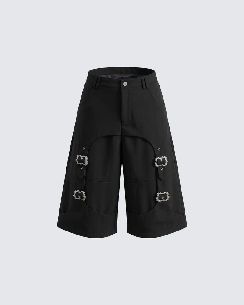 Dark Avant Garde Deconstructed Metal Buckle Suit Shorts