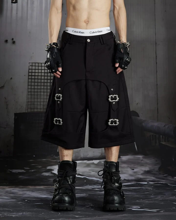 Dark Avant Garde Deconstructed Metal Buckle Suit Shorts