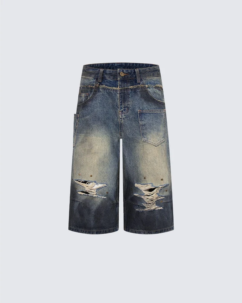 Vintage Distressed Washed Denim Cropped Shorts