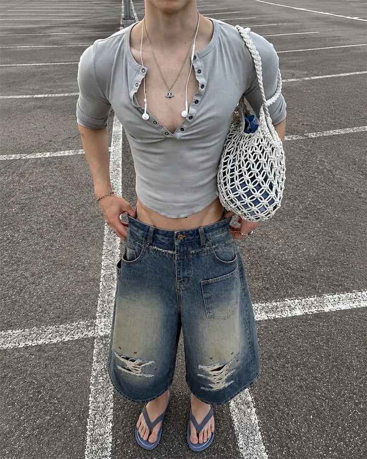 Vintage Distressed Washed Denim Cropped Shorts
