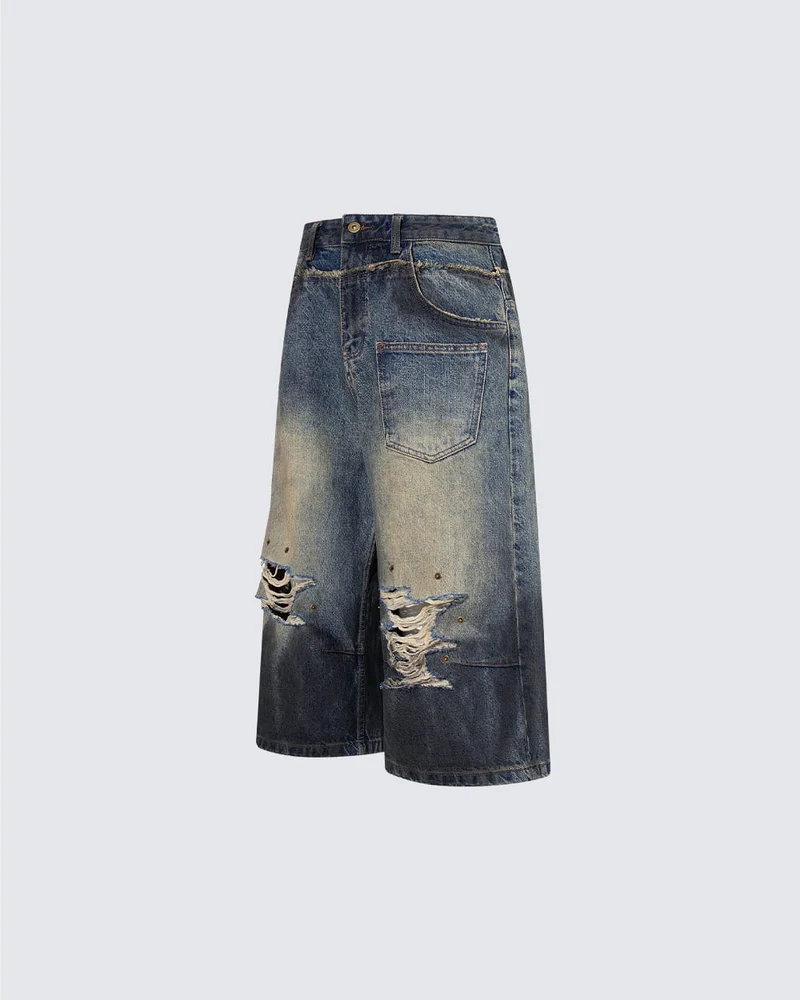 Vintage Distressed Washed Denim Cropped Shorts